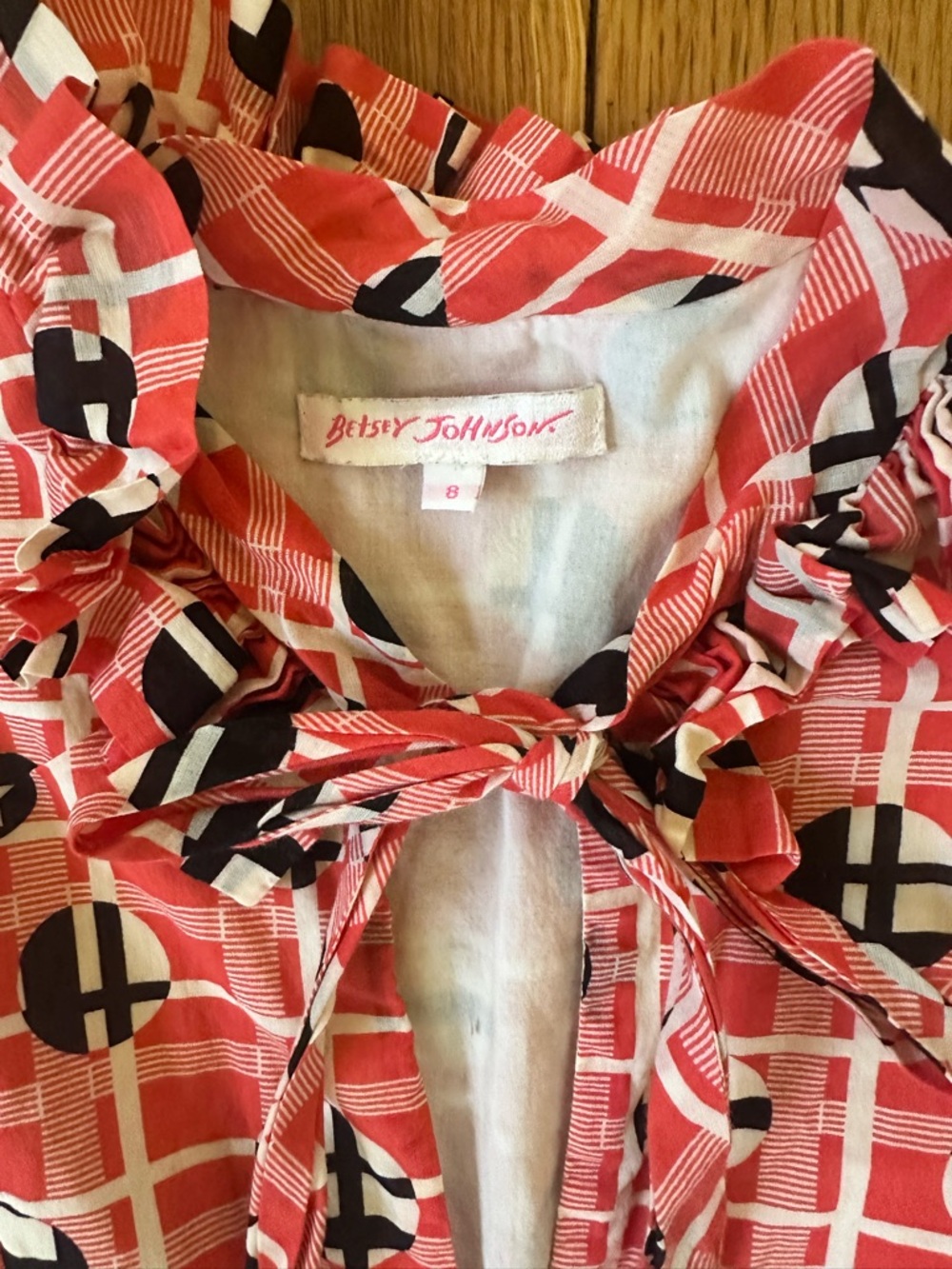 Betsey Johnson Y2k vintage Coral Pink Geometric Tie-Neck Dress- 8 - Picture 2 of 4